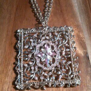 Artistic Pink Crystal and Pink Bead Rose Gold Tone Pendant Necklace